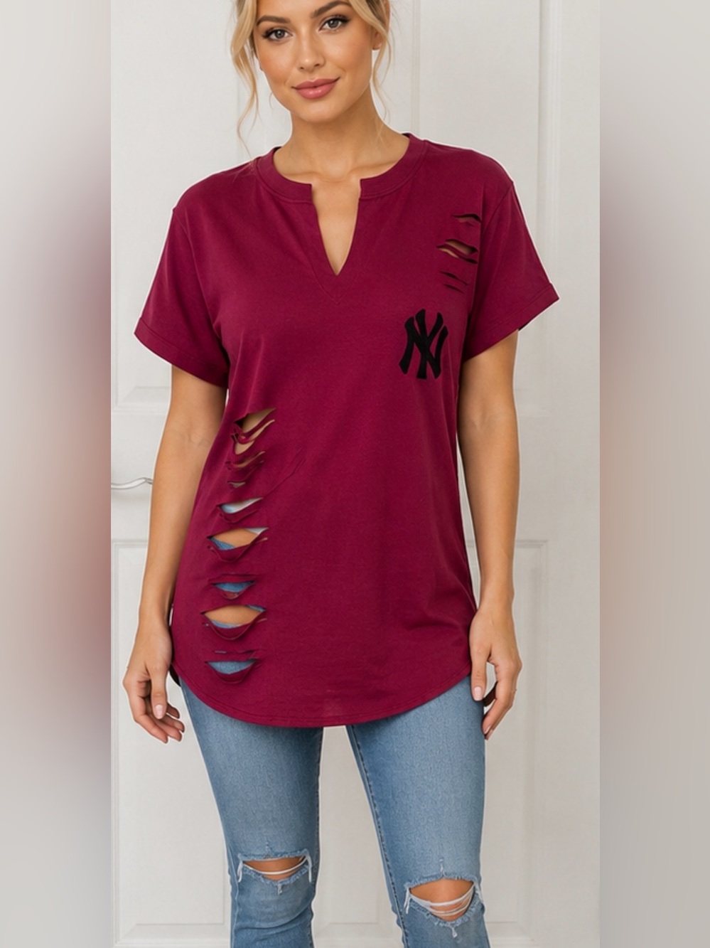 NY Yankees inspired Burgundy Distressed V-Neck Tee  size M
